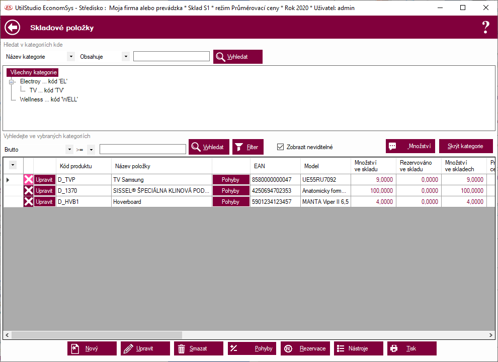 Kategorie skladových karet s vyhledáváním