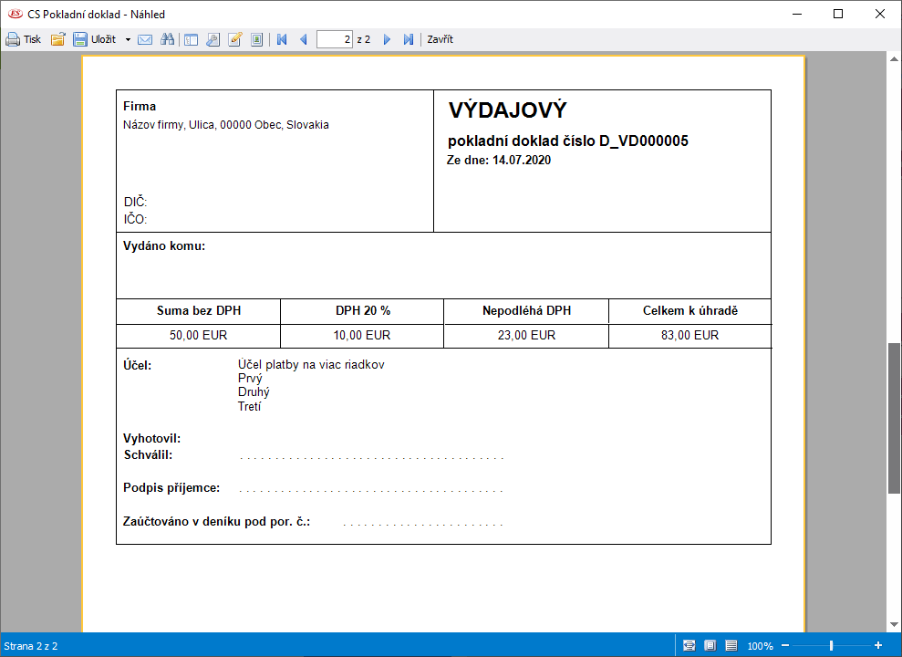 Výdajový pokladní doklad - tisk