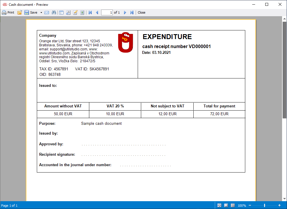 Expenditure cash receipt